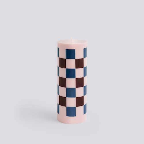 Column Candle-Large-Light pink, bordeaux and dark blue check